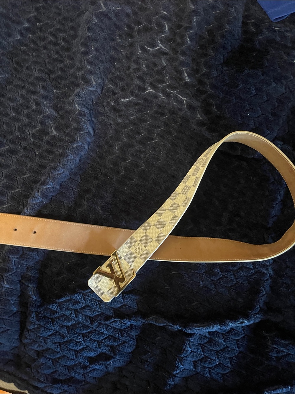 Louis Vuitton Damier Azur Canvas Tan Leather Belt with Gold LV Buckle